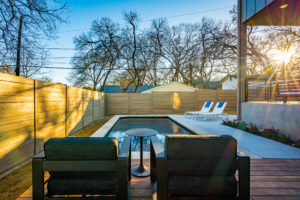 Pool and conversation area at Zilker Austin custom home